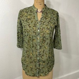 Zink London sheer dark green blouse with feather motif, 3/4 adjustable sleeves
